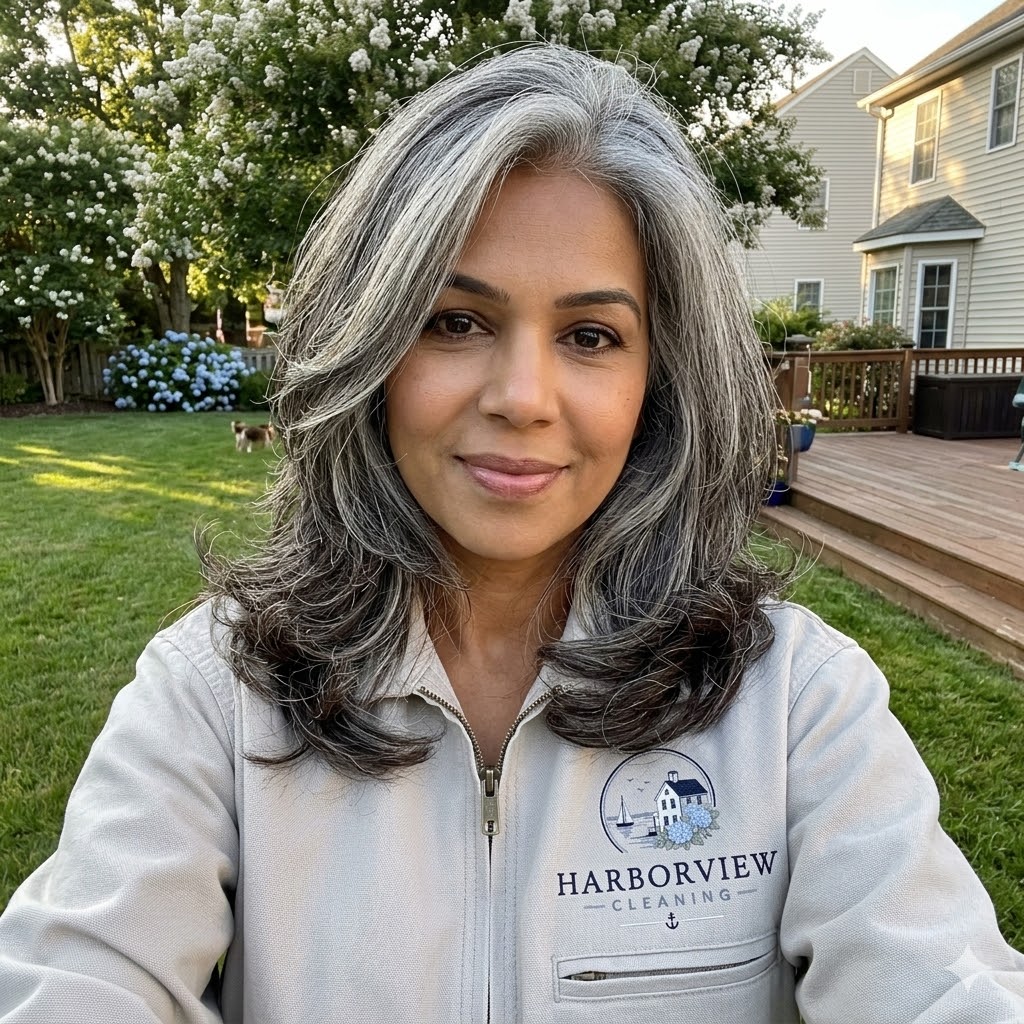 Fran, founder of Harborview Cleaning, wearing the company uniform