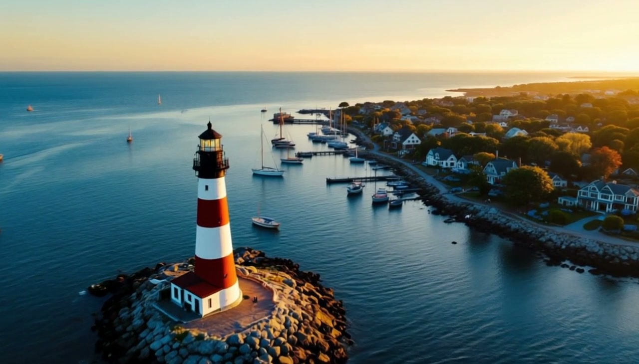 Aerial view of Nantucket Harbor at golden hour